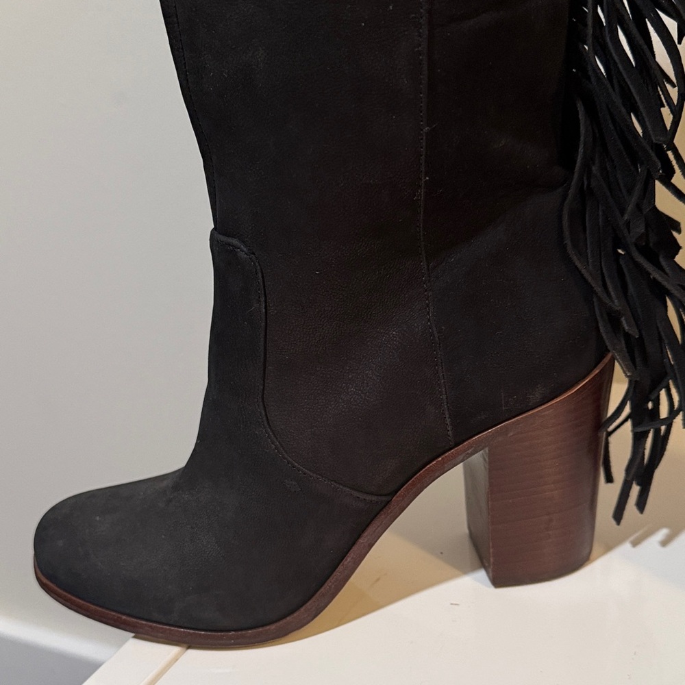 Gianni Bini Women's Black Suede Knee High Fringe Boots Size 8 - Picture 11 of 16